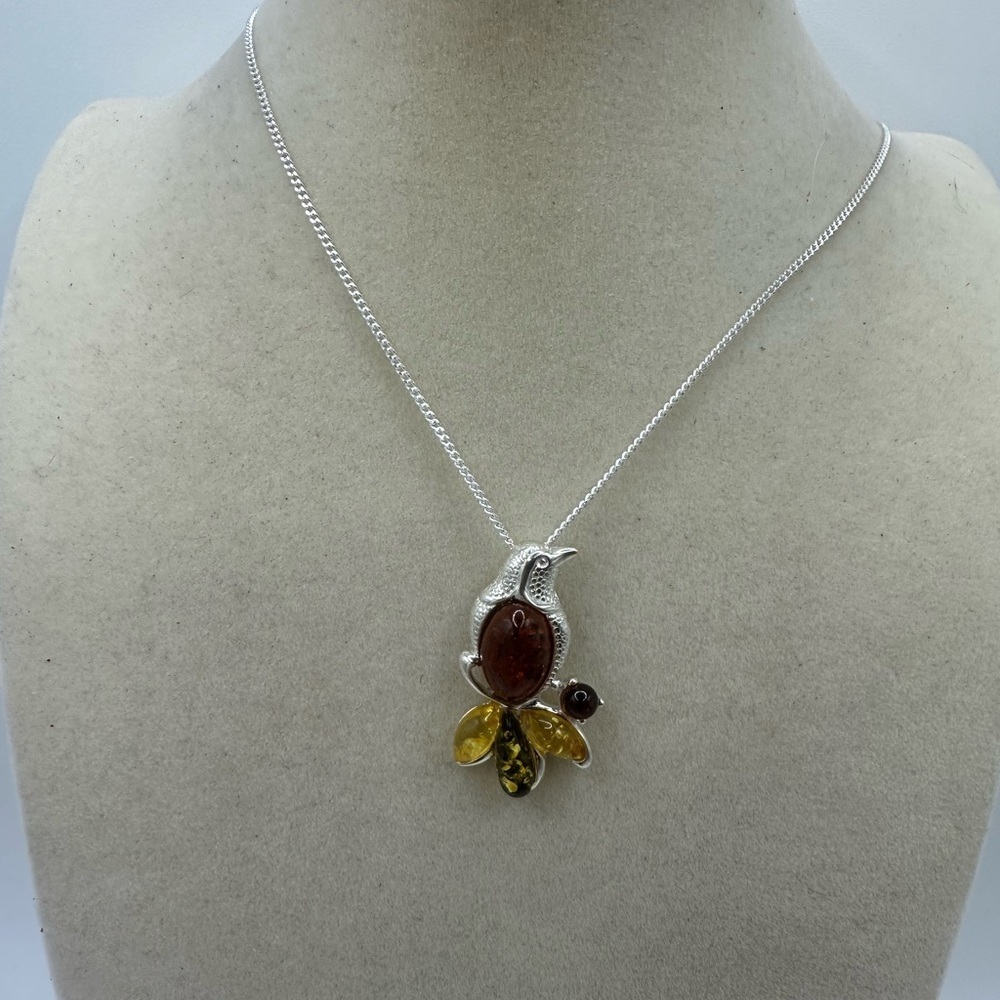 Multi Color Amber and Silver Bird Pendant on Silver Chain - Picture 5 of 9